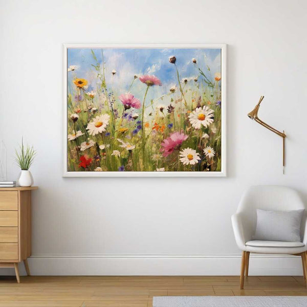 Paint by Numbers - Summer Meadow Daydreaming artwork in a minimalistic living room setting, showcasing a sea of vibrant wildflowers.
