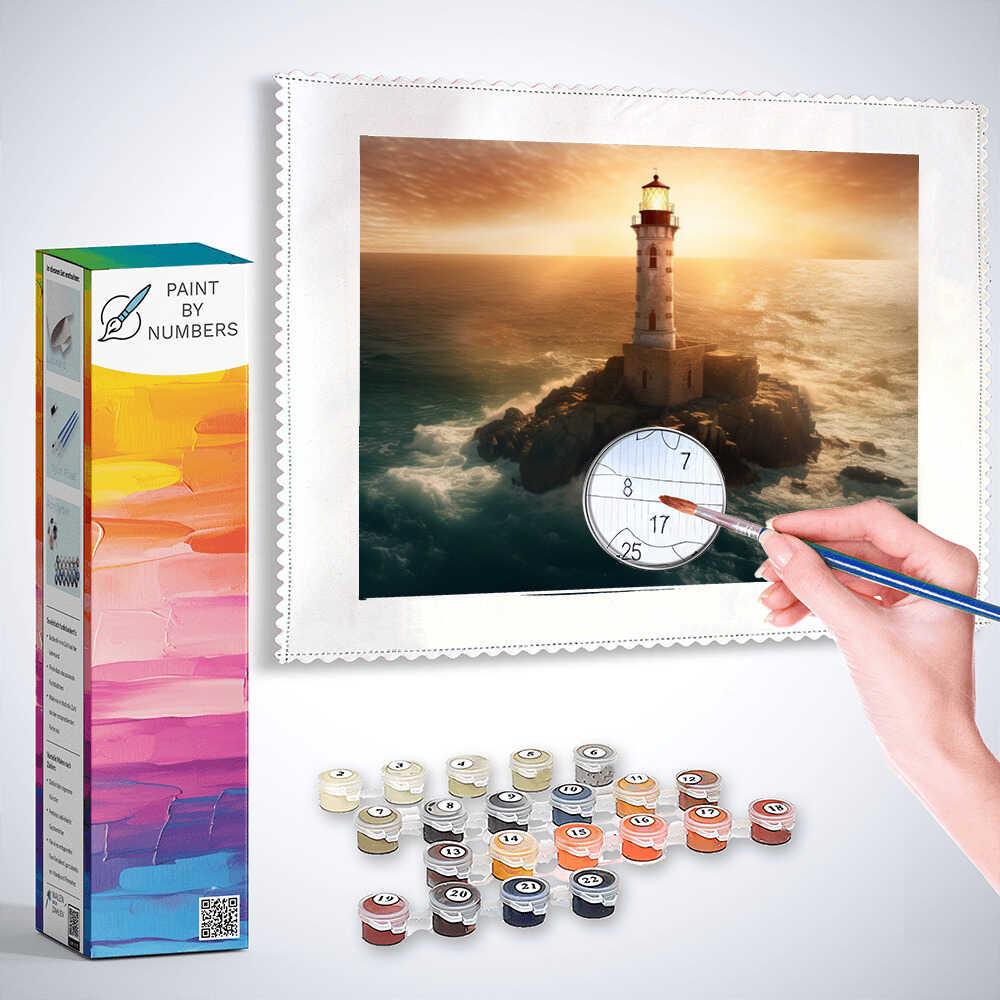 Person painting a lighthouse on a cliff using a Paint by Numbers kit with paint pots and paintbrush set.