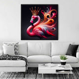 Paint by Numbers - Royal Flamingo artwork displayed in a modern living room, featuring a pink flamingo with a royal crown and vibrant swirls.