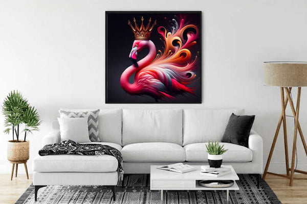 Paint by Numbers - Royal Flamingo artwork displayed in a modern living room, featuring a pink flamingo with a royal crown and vibrant swirls.