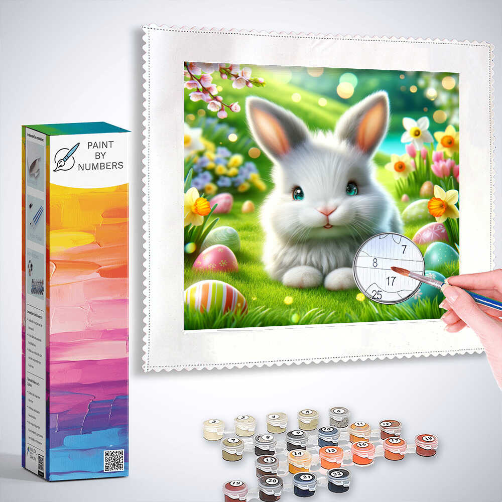 Paint by Numbers Easter magic in pastel featuring a cute rabbit with decorated eggs, soft pastel tones, and a blooming spring meadow.