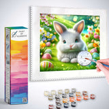 Paint by Numbers Easter magic in pastel featuring a cute rabbit with decorated eggs, soft pastel tones, and a blooming spring meadow.