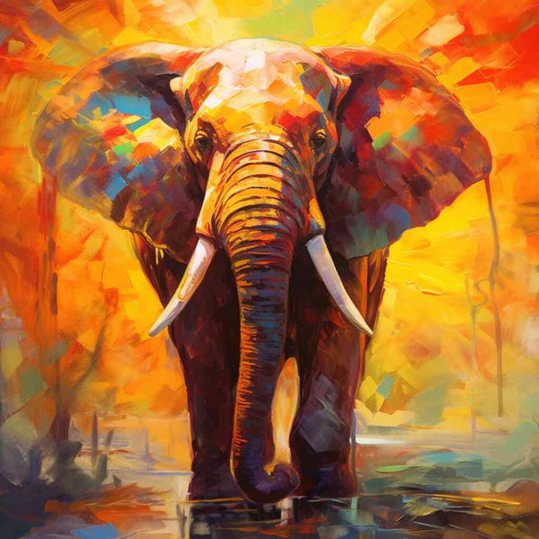 Paint by Numbers - Majestic Elephant in Flaming Colors, Impressionist Art with Bright Oranges, Reds, and Bold Shadows.