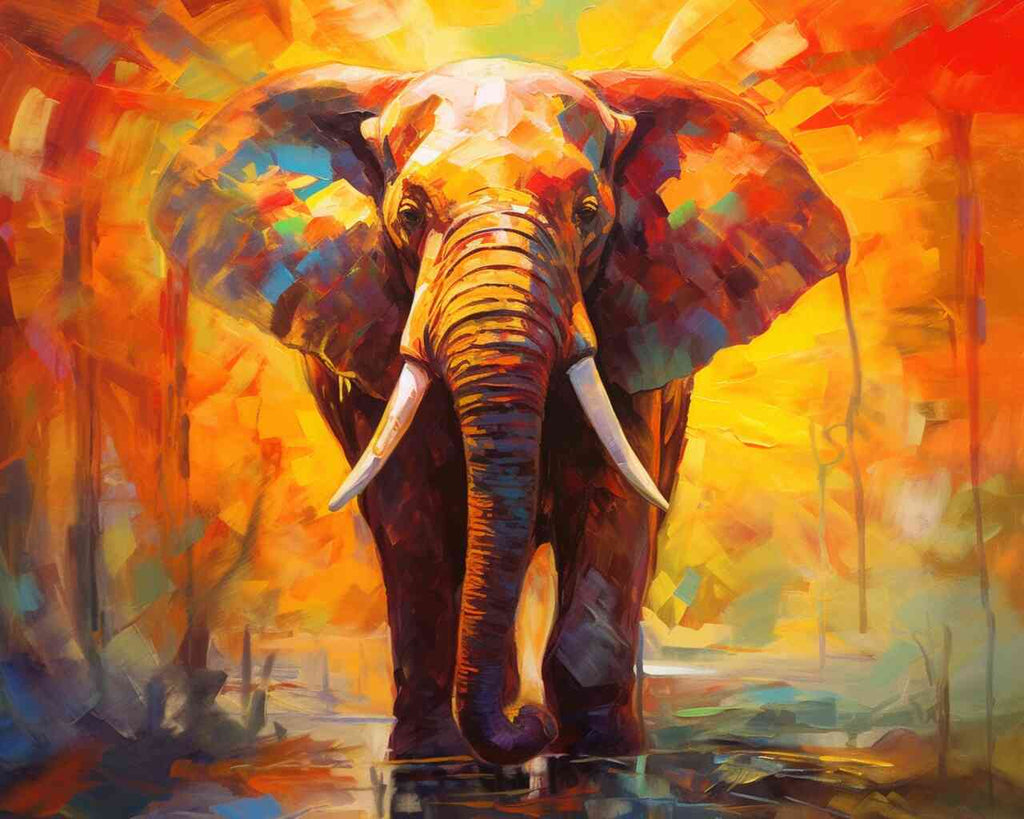 Paint by Numbers - Majestic Elephant in Flaming Colors, Impressionist Art with Bright Oranges, Reds, and Bold Shadows.
