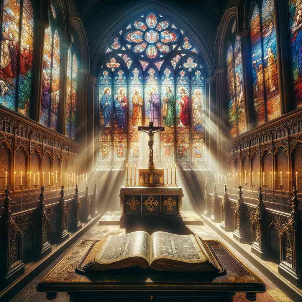 Paint by Numbers - Enlightenment in the Sanctuary, featuring radiant stained glass, Gothic architecture, and a serene altar with open book.