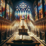 Paint by Numbers - Enlightenment in the Sanctuary, featuring radiant stained glass, Gothic architecture, and a serene altar with open book.