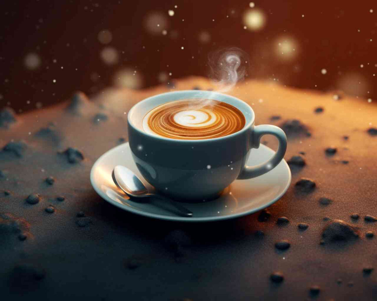Paint by Numbers - Coffee Meditation in the Cosmos with a steaming espresso cup surrounded by coffee grains and golden nebula.