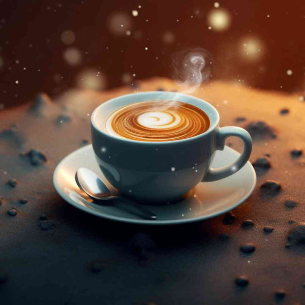 Paint by Numbers - Coffee Meditation in the Cosmos with a steaming espresso cup surrounded by coffee grains and golden nebula.