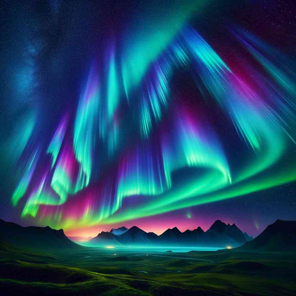 Paint by Numbers - Northern Lights Dreamscape with vibrant green and pink aurora over mountains and starry night sky.