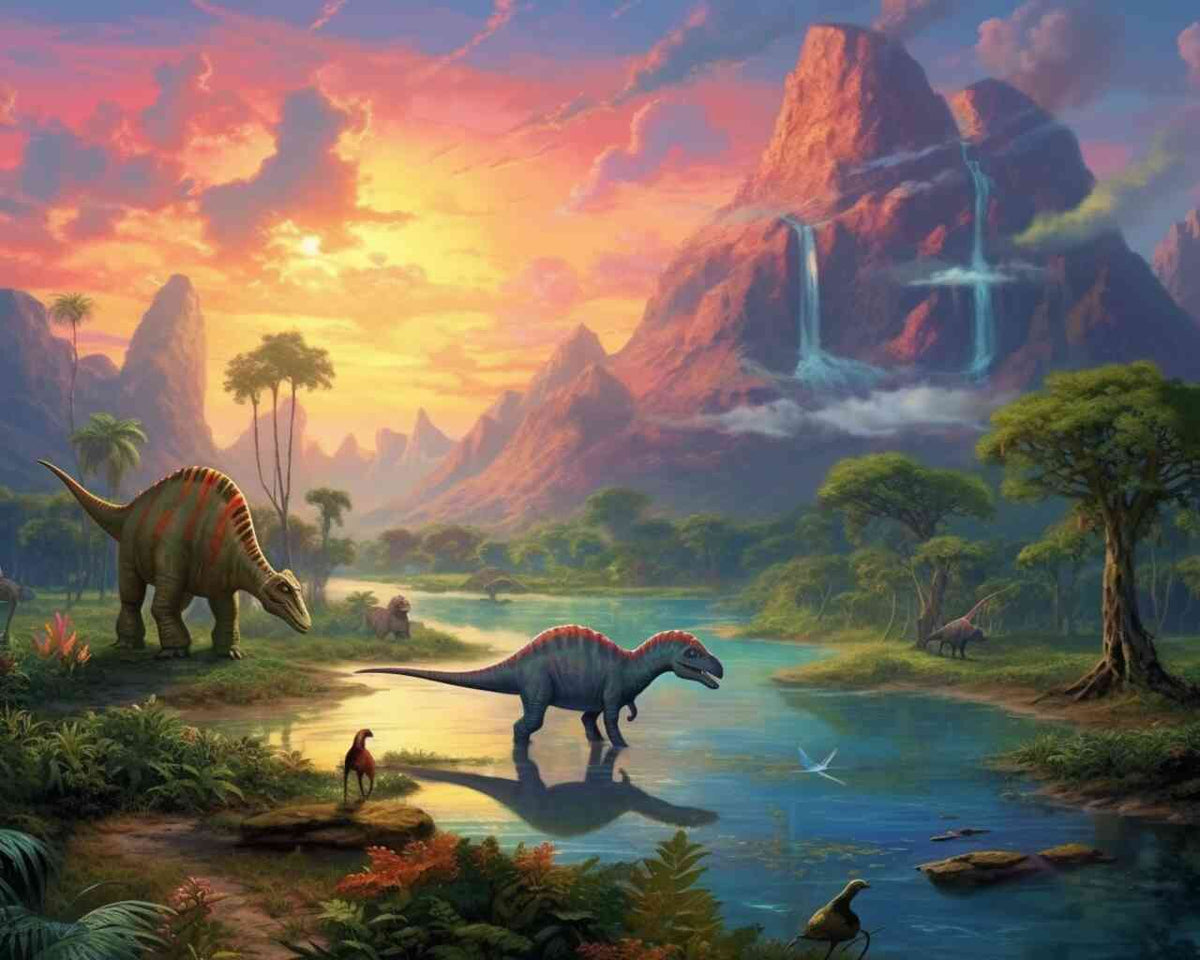 Paint by Numbers - Echoes of the Primeval Age featuring a prehistoric landscape with dinosaurs, majestic mountains, waterfalls, and lush vegetation.