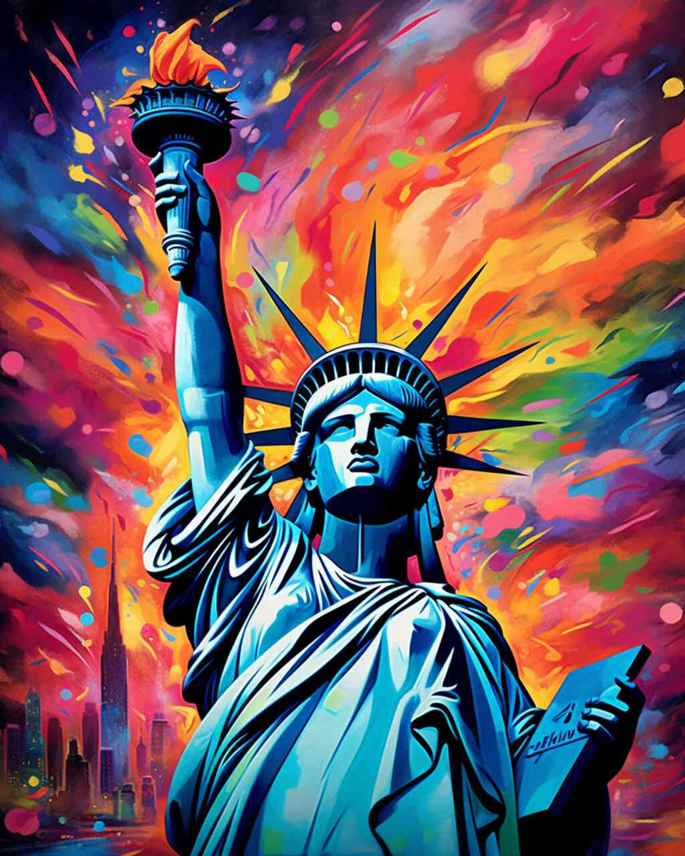Paint by Numbers - Statue of Liberty against vibrant colorful explosions, representing freedom, hope, and dynamism in an abstract expressionist style