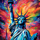 Paint by Numbers - Statue of Liberty against vibrant colorful explosions, representing freedom, hope, and dynamism in an abstract expressionist style