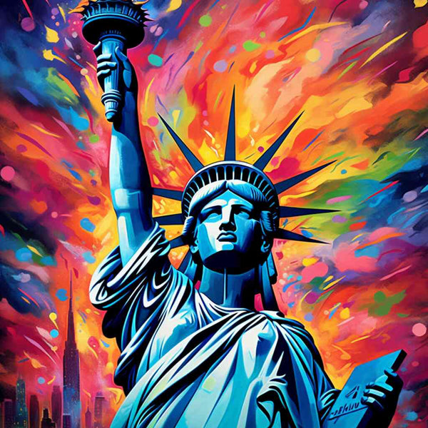 Paint by Numbers - Statue of Liberty against vibrant colorful explosions, representing freedom, hope, and dynamism in an abstract expressionist style