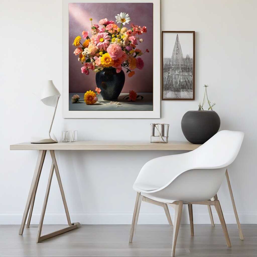 Paint by Numbers - Floral Awakening artwork of colorful flowers in dark jug on modern desk, enhancing home decor with vibrant still life