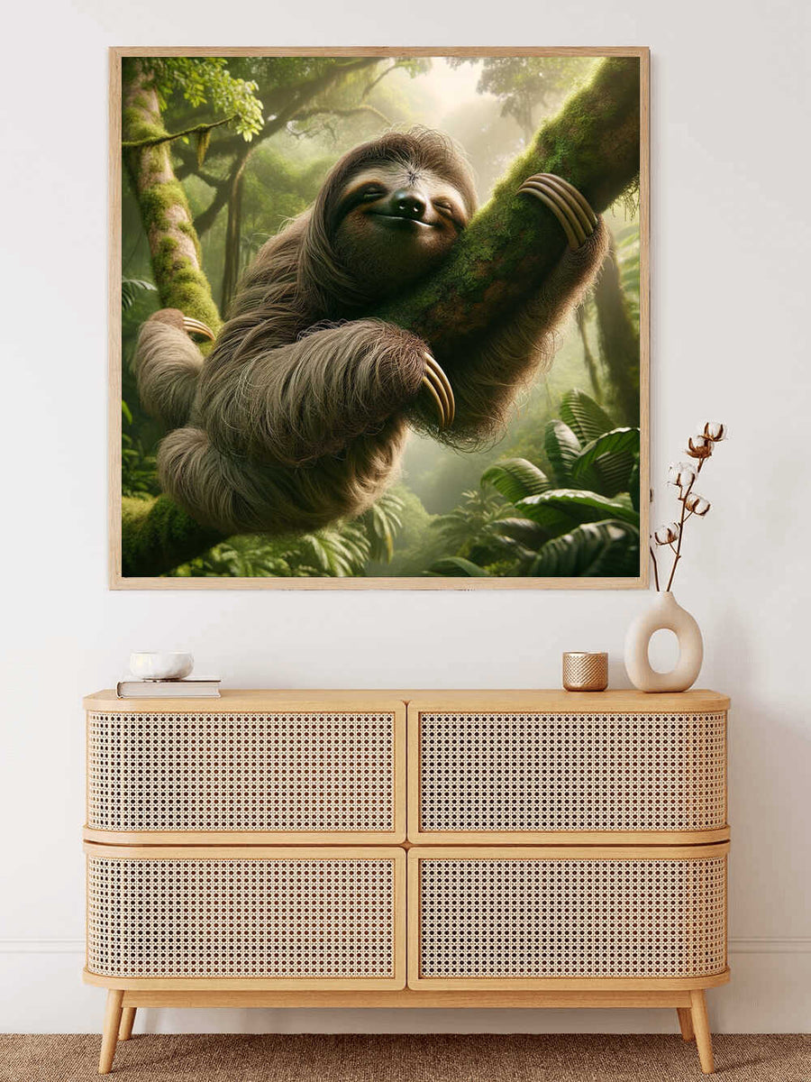 Paint by Numbers - Hidden Peace in the Green with smiling sloth resting on moss-covered branches in lush, green forest, decoratively framed.