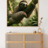 Paint by Numbers - Hidden Peace in the Green with smiling sloth resting on moss-covered branches in lush, green forest, decoratively framed.
