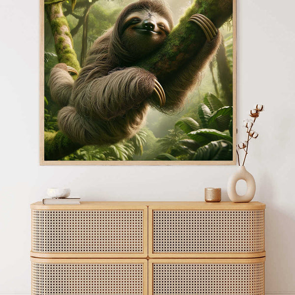 Paint by Numbers - Hidden Peace in the Green with smiling sloth resting on moss-covered branches in lush, green forest, decoratively framed.