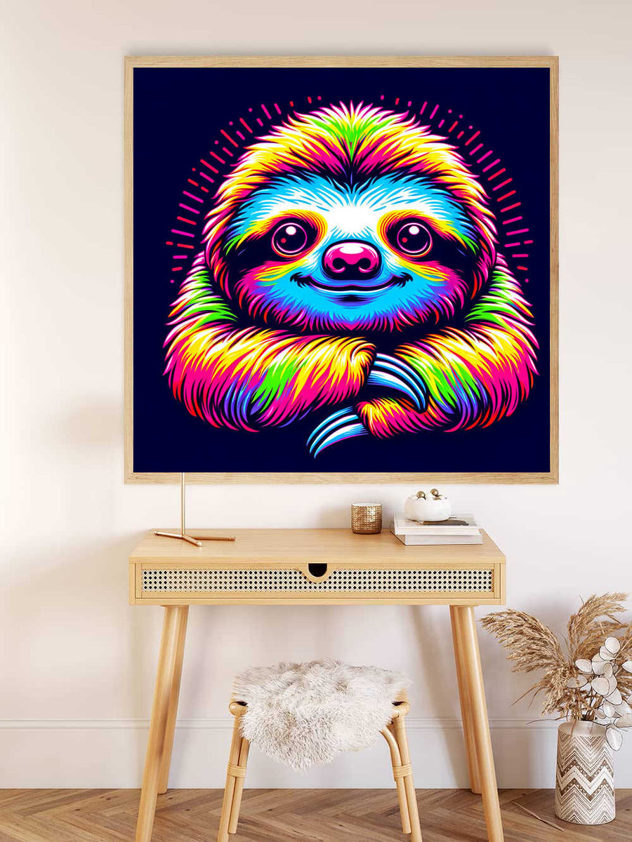 Paint by Numbers - Colorful Sloth neon pop art featuring a vibrant, rainbow-colored sloth with expressive eyes and a joyful smile on a modern wall.