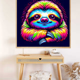 Paint by Numbers - Colorful Sloth neon pop art featuring a vibrant, rainbow-colored sloth with expressive eyes and a joyful smile on a modern wall.