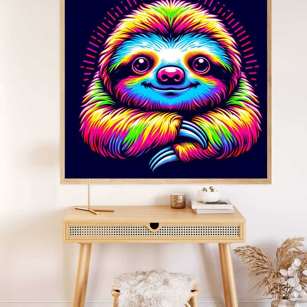 Paint by Numbers - Colorful Sloth neon pop art featuring a vibrant, rainbow-colored sloth with expressive eyes and a joyful smile on a modern wall.