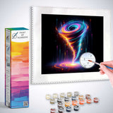 Paint by Numbers kit with swirling blue, purple, and orange cosmic design against a dark background, paintbrush, and numbered paints.
