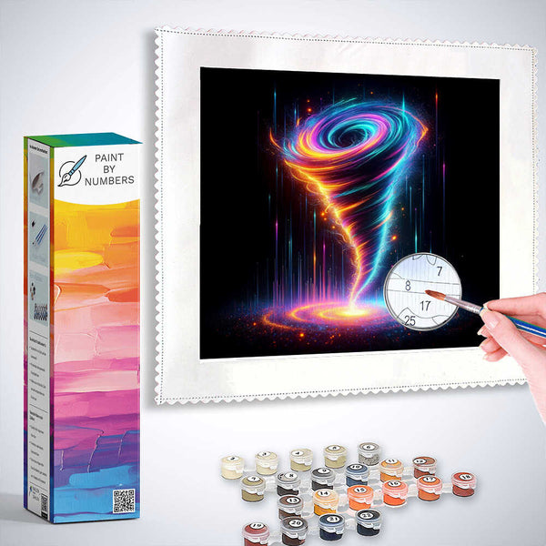 Paint by Numbers kit with swirling blue, purple, and orange cosmic design against a dark background, paintbrush, and numbered paints.