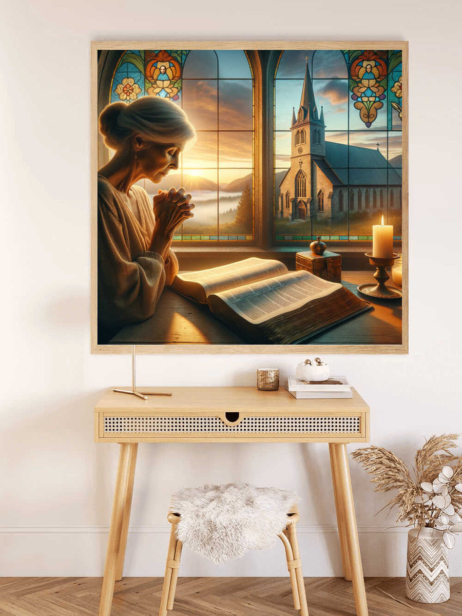 Paint by Numbers - Morning prayer in quiet brightness with a woman praying by church windows, sunlight on misty mountains.