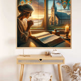 Paint by Numbers - Morning prayer in quiet brightness with a woman praying by church windows, sunlight on misty mountains.