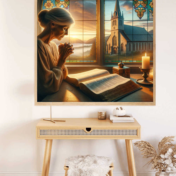 Paint by Numbers - Morning prayer in quiet brightness with a woman praying by church windows, sunlight on misty mountains.
