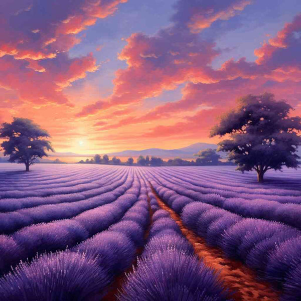 Paint by Numbers - Vibrant lavender field with a romantic purple and pink sky at sunset, showcasing Mediterranean flair and calm beauty.