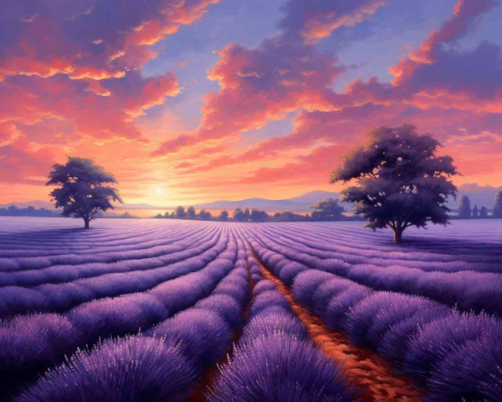 Paint by Numbers - Vibrant lavender field with a romantic purple and pink sky at sunset, showcasing Mediterranean flair and calm beauty.