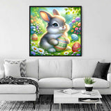 Paint by Numbers - Spring Awakening: An Easter Fairytale artwork featuring a bunny with Easter eggs in a vibrant garden, displayed in a living room.