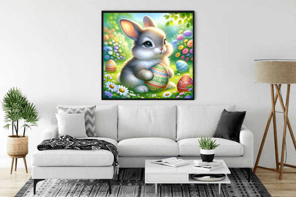Paint by Numbers - Spring Awakening: An Easter Fairytale artwork featuring a bunny with Easter eggs in a vibrant garden, displayed in a living room.