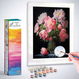 Paint by Numbers kit featuring a midnight scene with pink peonies in a glass vase, highlighting vibrant petals against a dark background.