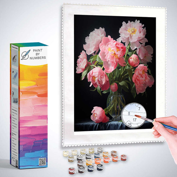 Paint by Numbers kit featuring a midnight scene with pink peonies in a glass vase, highlighting vibrant petals against a dark background.