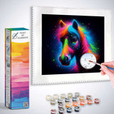 Paint by Numbers kit featuring a vibrant neon-colored horse in a cosmic backdrop with a harmonious palette of blues, pinks, and greens.