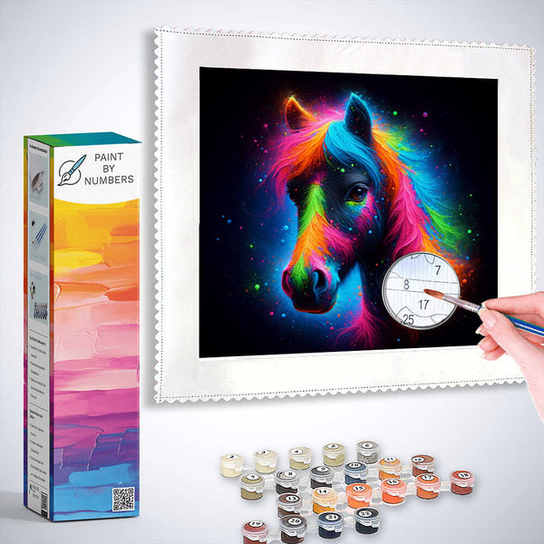 Paint by Numbers kit featuring a vibrant neon-colored horse in a cosmic backdrop with a harmonious palette of blues, pinks, and greens.