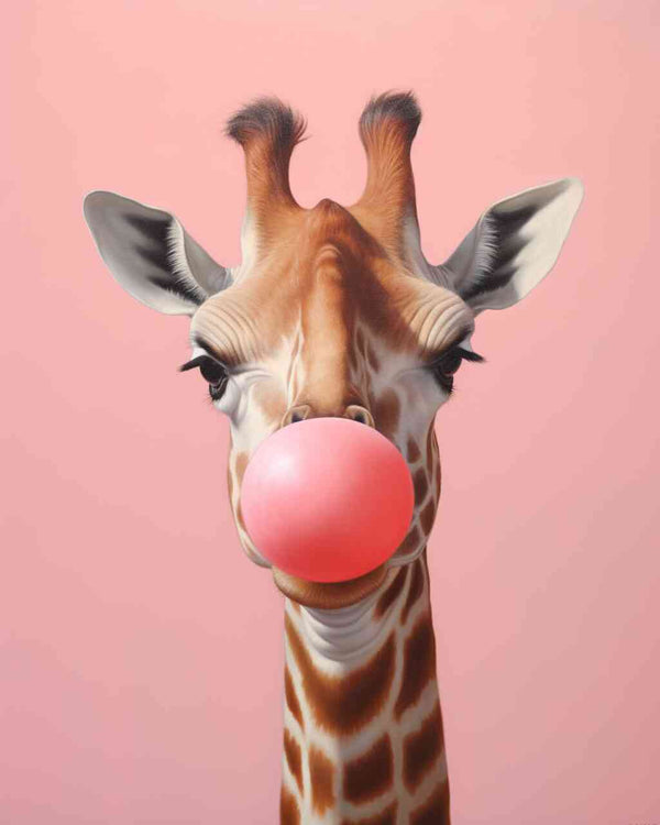 Paint by Numbers - Giraffe with Pink Chewing Gum Bubble against Soft Pink Background