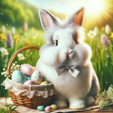 Paint by Numbers - Easter magic pastel bunny beside basket of decorated eggs in blooming spring meadow.