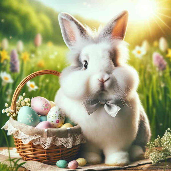Paint by Numbers - Easter magic pastel bunny beside basket of decorated eggs in blooming spring meadow.