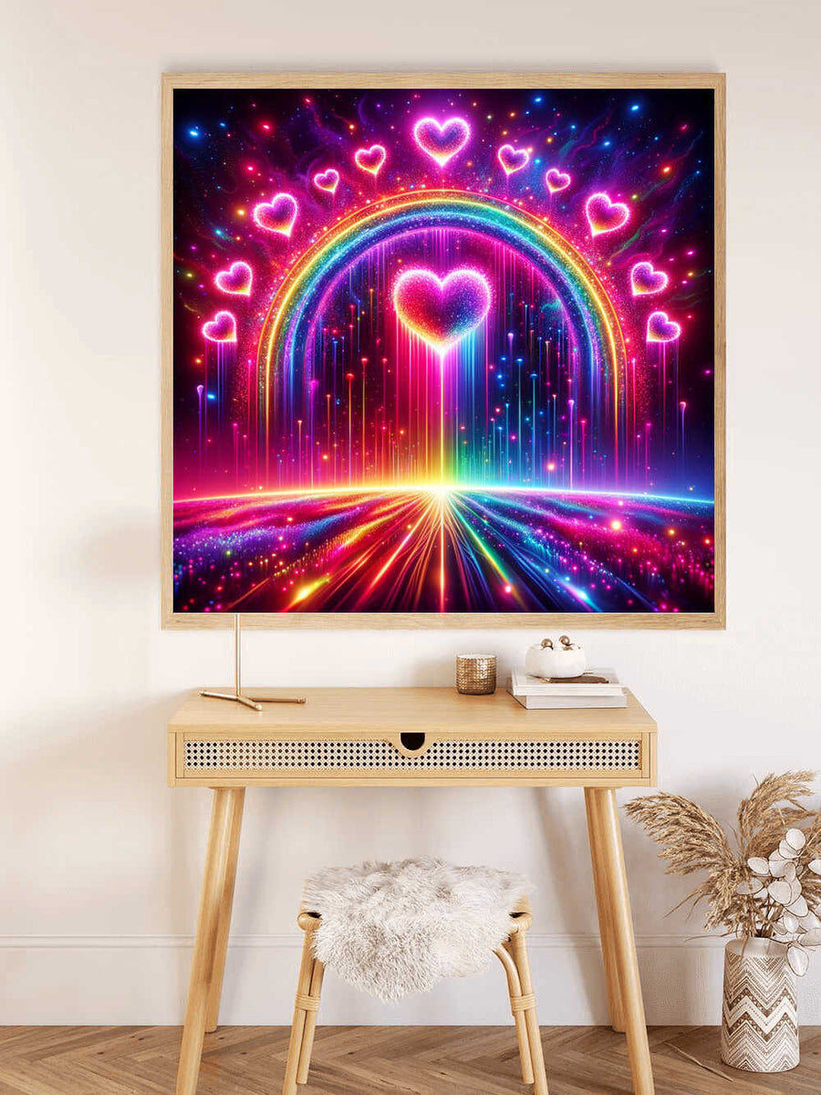 Paint by Numbers artwork "Heart Shine in the Sea of Stars" showcasing neon hearts, glowing rainbows, and abstract elements on a desk.