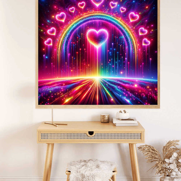 Paint by Numbers artwork "Heart Shine in the Sea of Stars" showcasing neon hearts, glowing rainbows, and abstract elements on a desk.