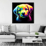 Paint by Numbers - Colorful Awakening artwork with vibrant colors and expressive puppy, adding a joyful and charismatic touch to the living room.
