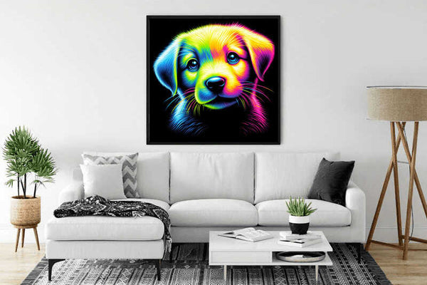 Paint by Numbers - Colorful Awakening artwork with vibrant colors and expressive puppy, adding a joyful and charismatic touch to the living room.