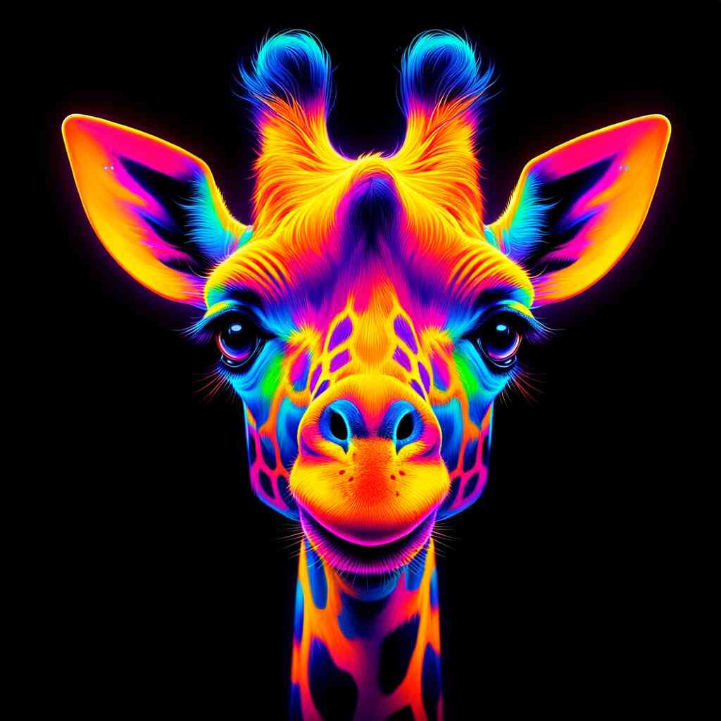 Paint by Numbers - Luminosity of Nature featuring a vibrant, abstract giraffe with fluorescent colors on a black background