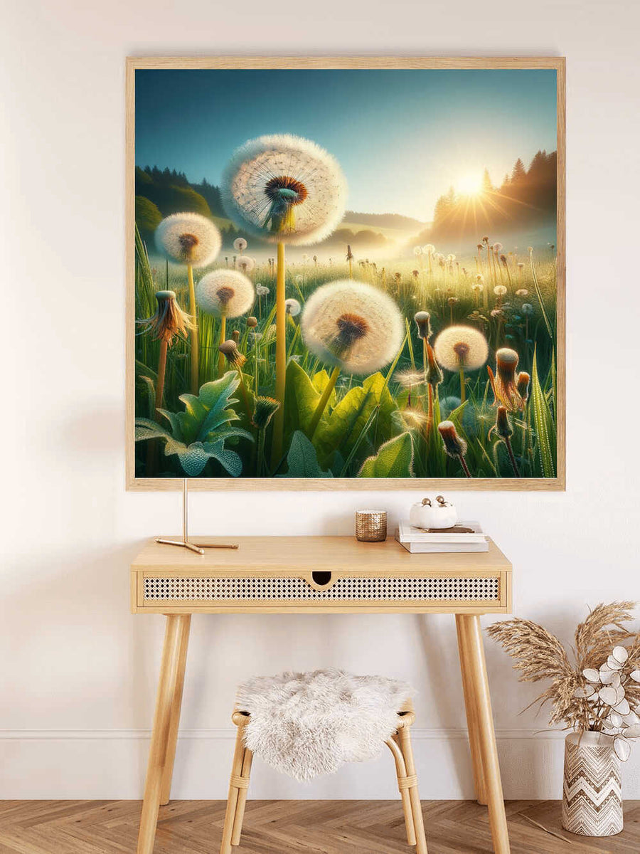 Paint by Numbers - Morning light in dandelion valley art piece on a wall above a minimalistic desk setup.