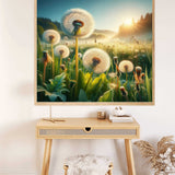 Paint by Numbers - Morning light in dandelion valley art piece on a wall above a minimalistic desk setup.