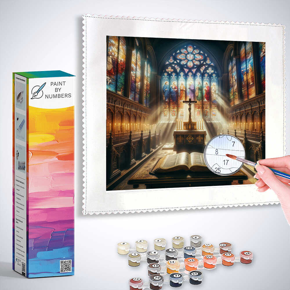 Paint by Numbers kit featuring a tranquil sanctuary with stained glass, stone columns, candles, and an open book on the altar.