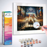 Paint by Numbers kit featuring a tranquil sanctuary with stained glass, stone columns, candles, and an open book on the altar.