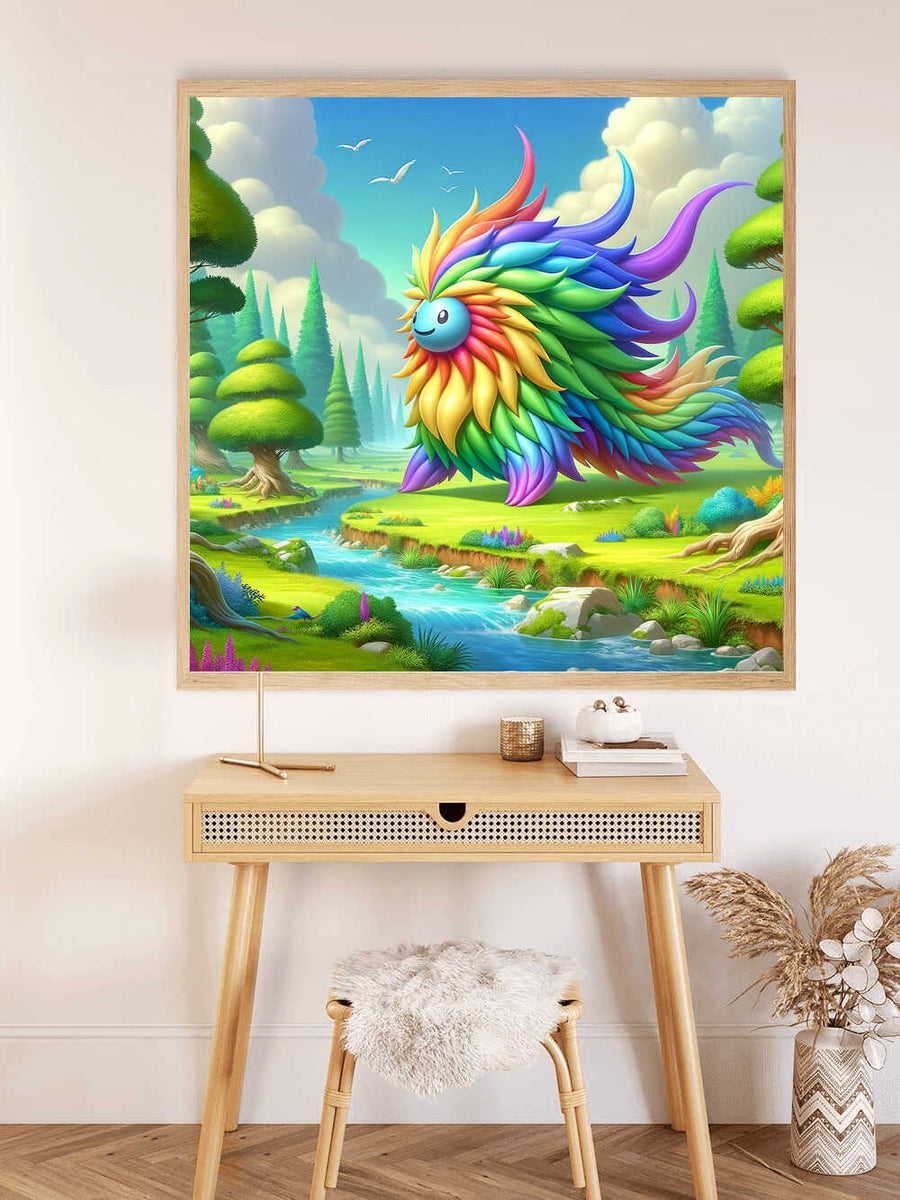 Paint by Numbers mystical creature with rainbow feathers in an idyllic landscape, symbolizing diversity and positivity.